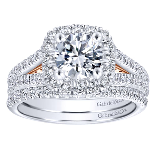 14K White-Rose Gold Round Halo Diamond Engagement Ring