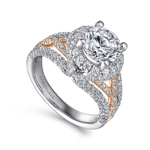 14K White-Rose Gold Round Halo Diamond Engagement Ring
