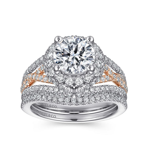 14K White-Rose Gold Round Halo Diamond Engagement Ring
