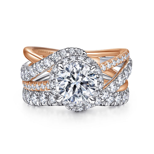 14K White-Rose Gold Round Halo Diamond Engagement Ring