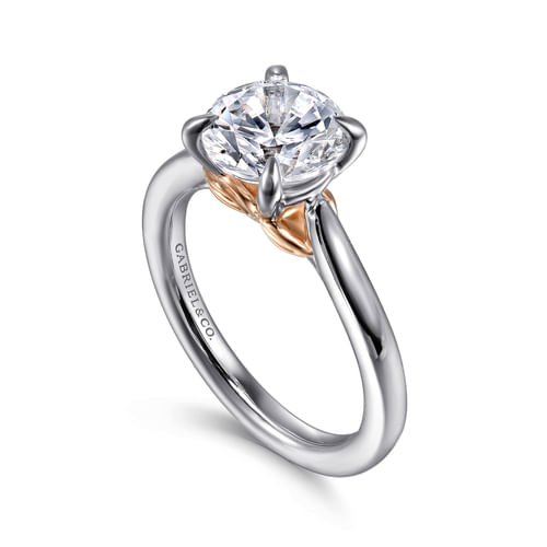 14K White-Rose Gold Round Lotus Diamond Engagement Ring