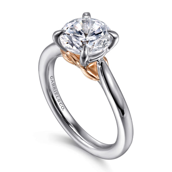 14K White-Rose Gold Round Lotus Diamond Engagement Ring angle 3