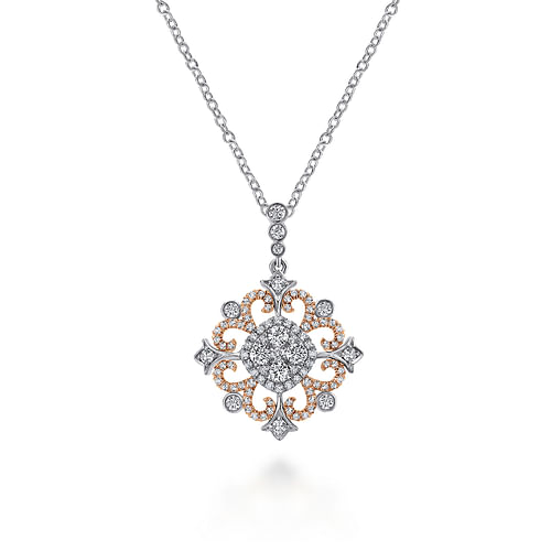 14K White-Rose Gold Round Openwork Diamond Pendant Necklace