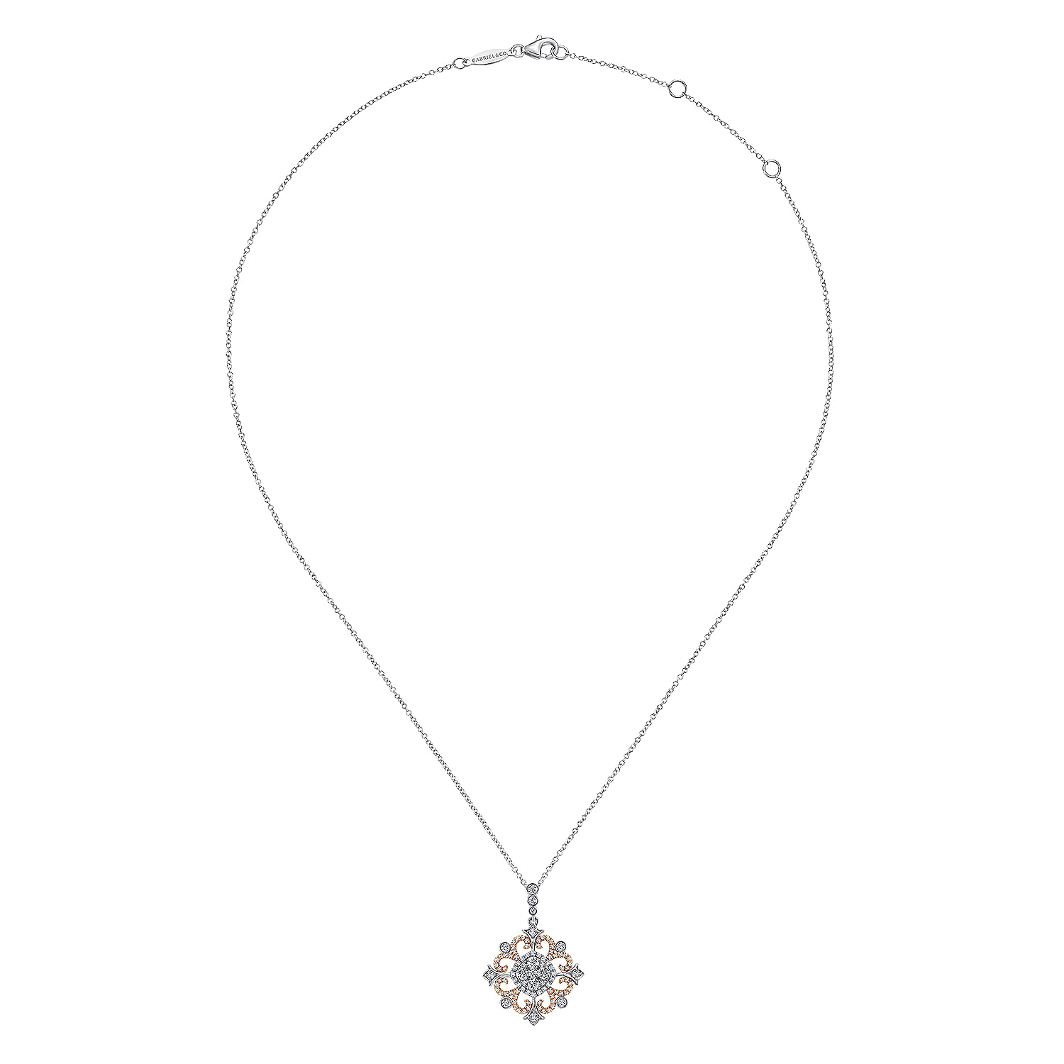 14K White-Rose Gold Round Openwork Diamond Pendant Necklace