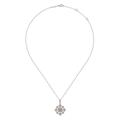 14K White-Rose Gold Round Openwork Diamond Pendant Necklace