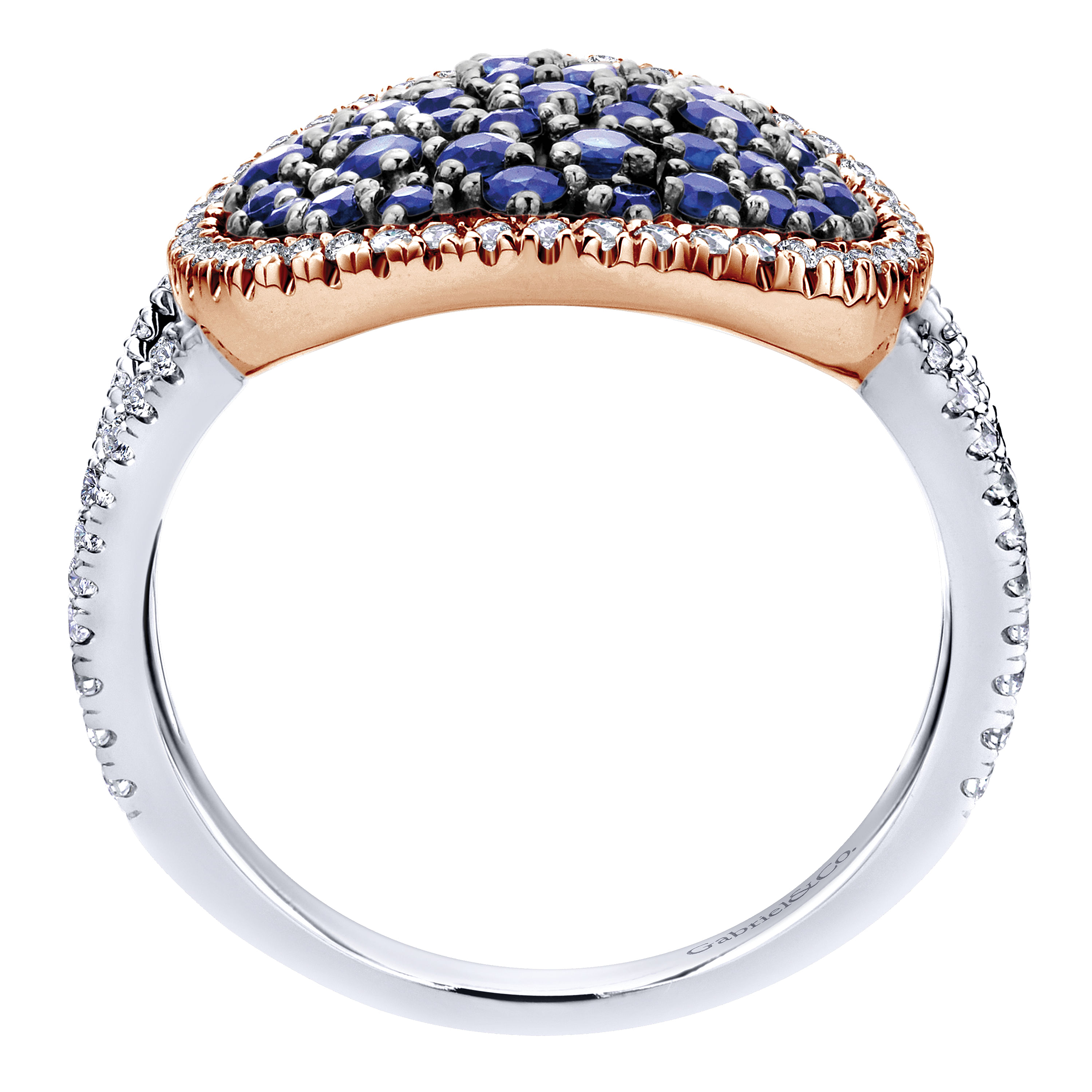 14K White-Rose Gold Round Split Shank Diamond and Floating Sapphire Cluster Ring