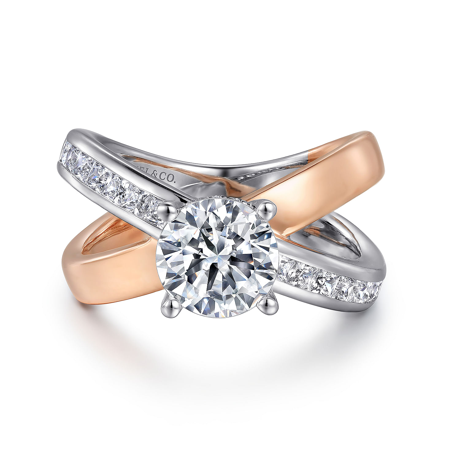 Gabriel - 14K White-Rose Gold Round Split Shank Hidden Halo Diamond Engagement Ring