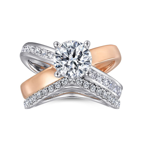 14K White-Rose Gold Round Split Shank Hidden Halo Diamond Engagement Ring