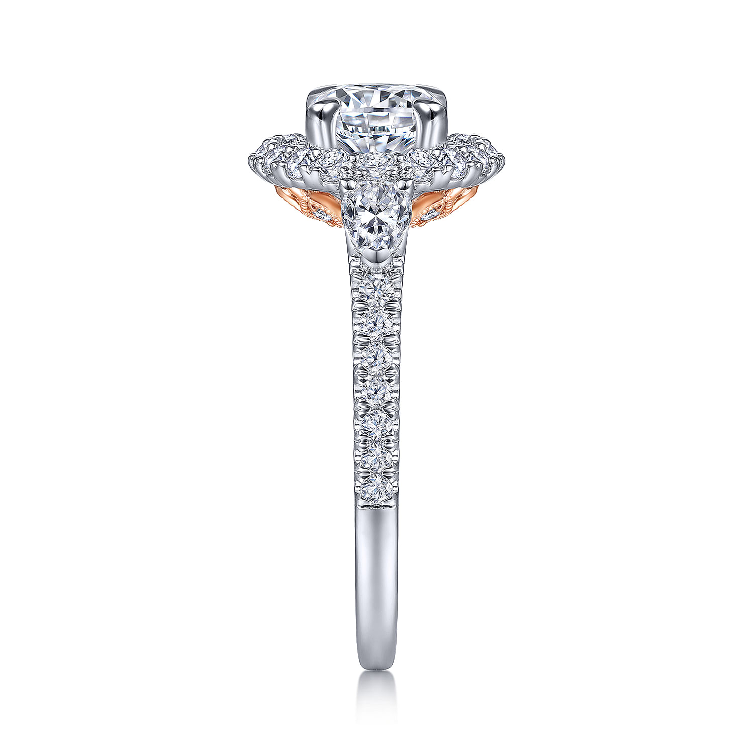 14K White-Rose Gold Round Three Stone Double Halo Diamond Engagement Ring