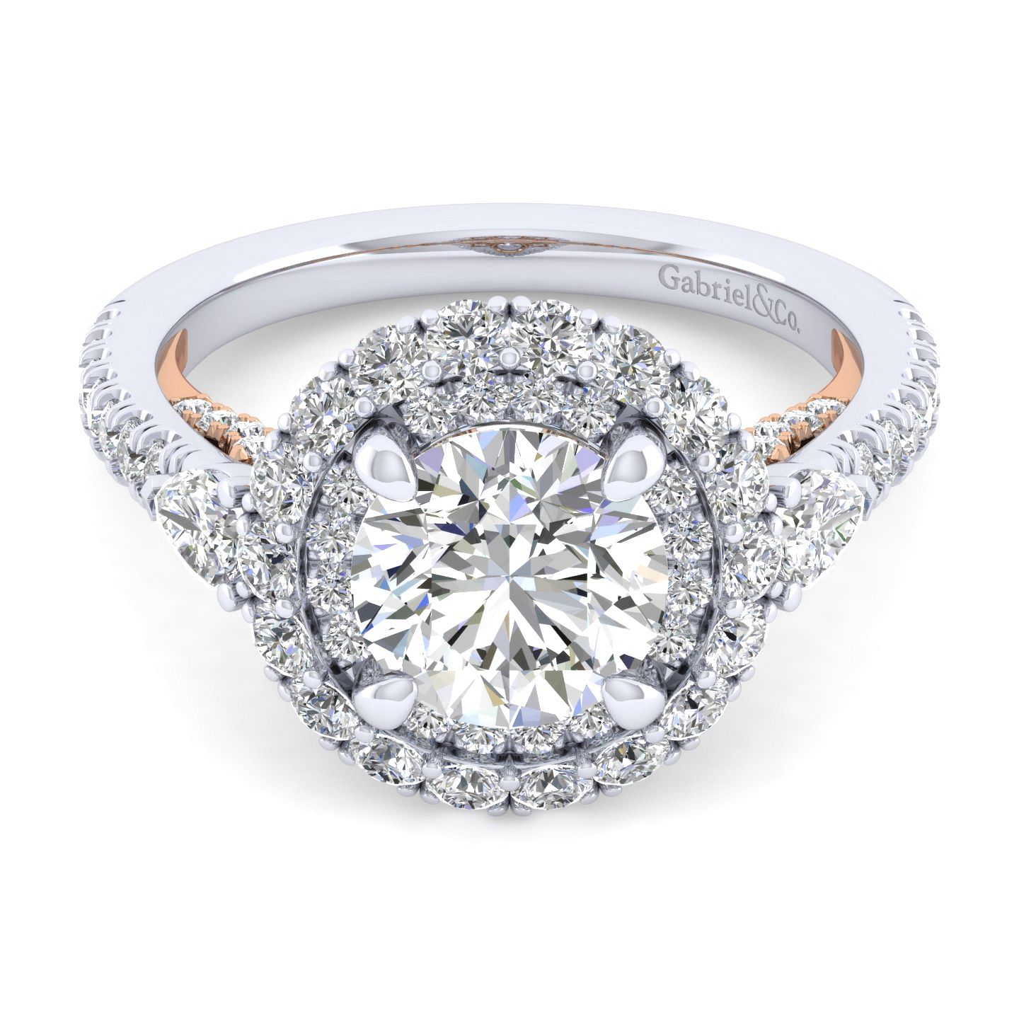 14K White-Rose Gold Round Three Stone Double Halo Diamond Engagement Ring