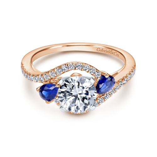 14K White-Rose Gold Round Three Stone Sapphire and Diamond Engagement Ring