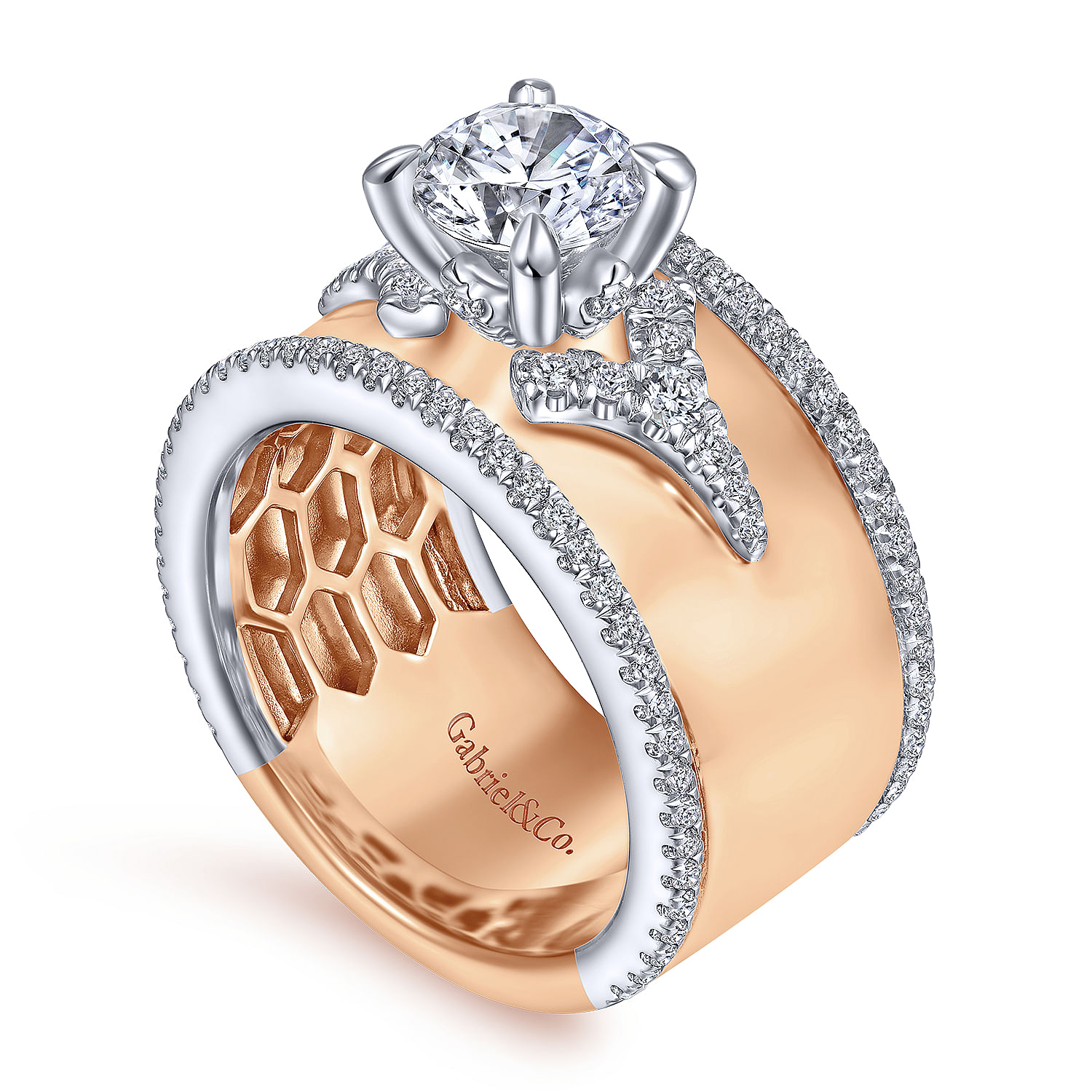 14K White-Rose Gold Round Wide Band Diamond Engagement Ring