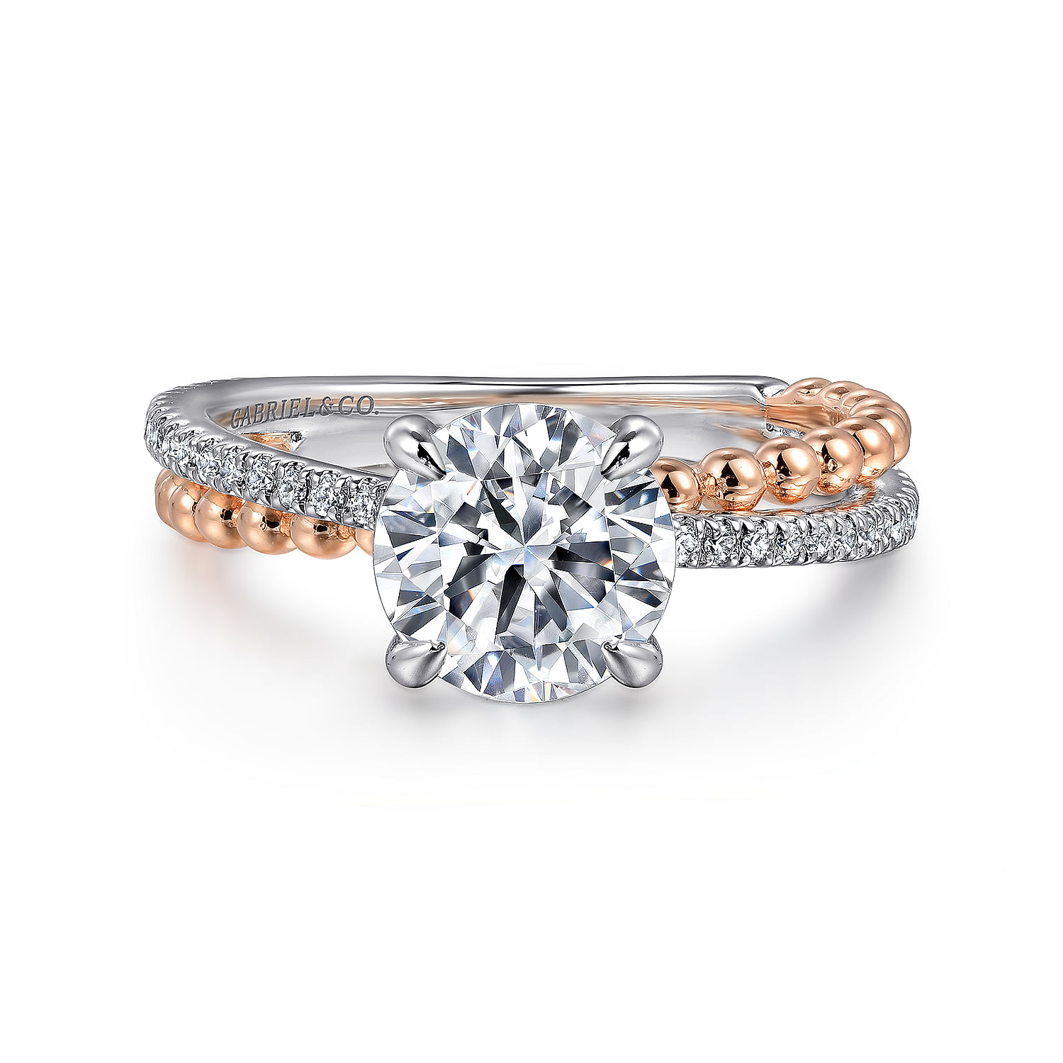 Gabriel - 14K White-Rose Gold Split Shank Round Hidden Halo Diamond Engagement Ring
