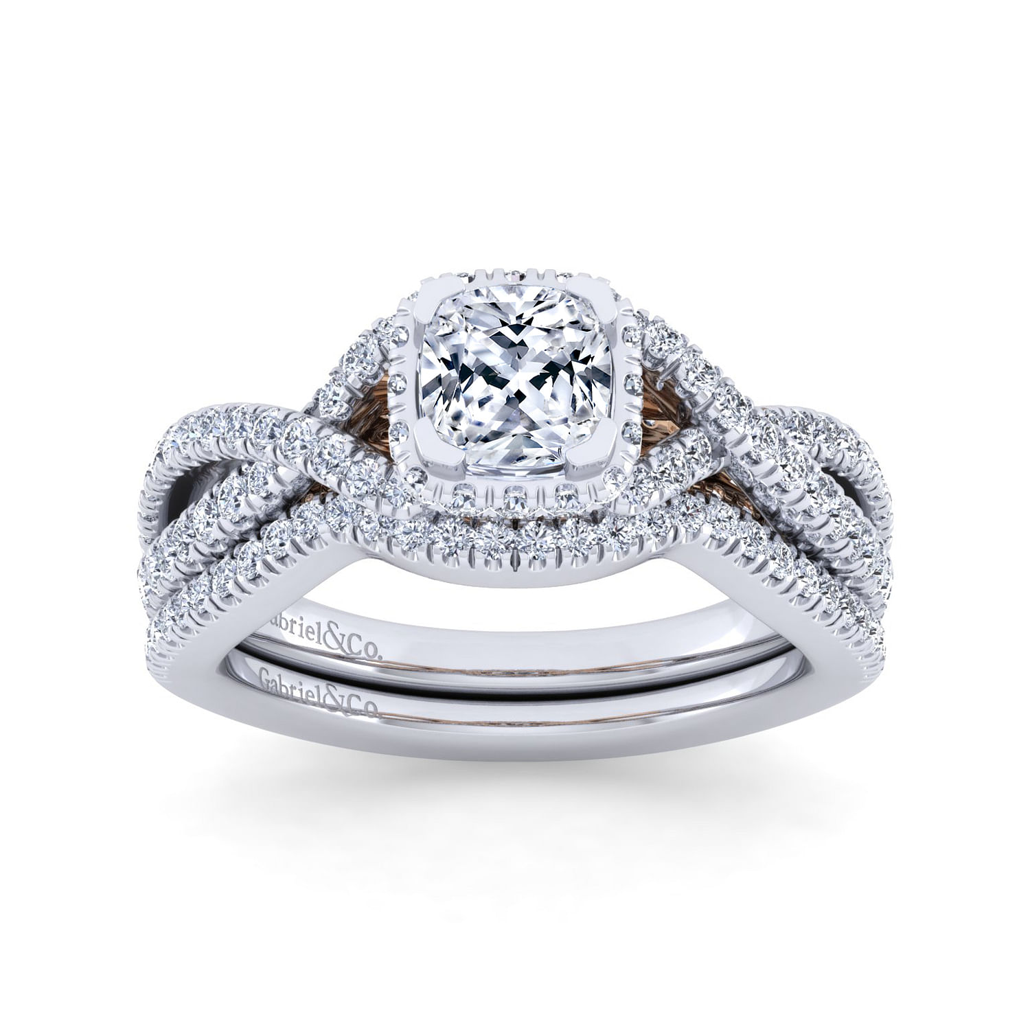 14K White-Rose Gold Twisted Cushion Cut Diamond Engagement Ring
