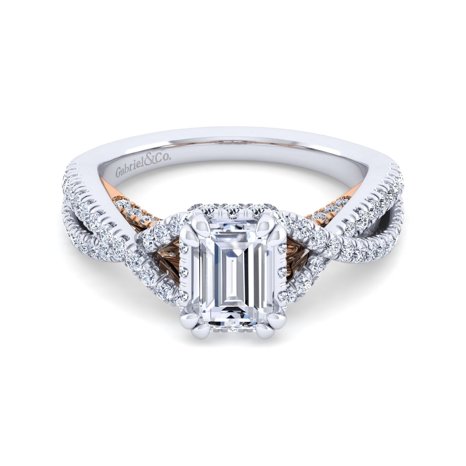 14K White-Rose Gold Twisted Emerald Cut Diamond Engagement Ring
