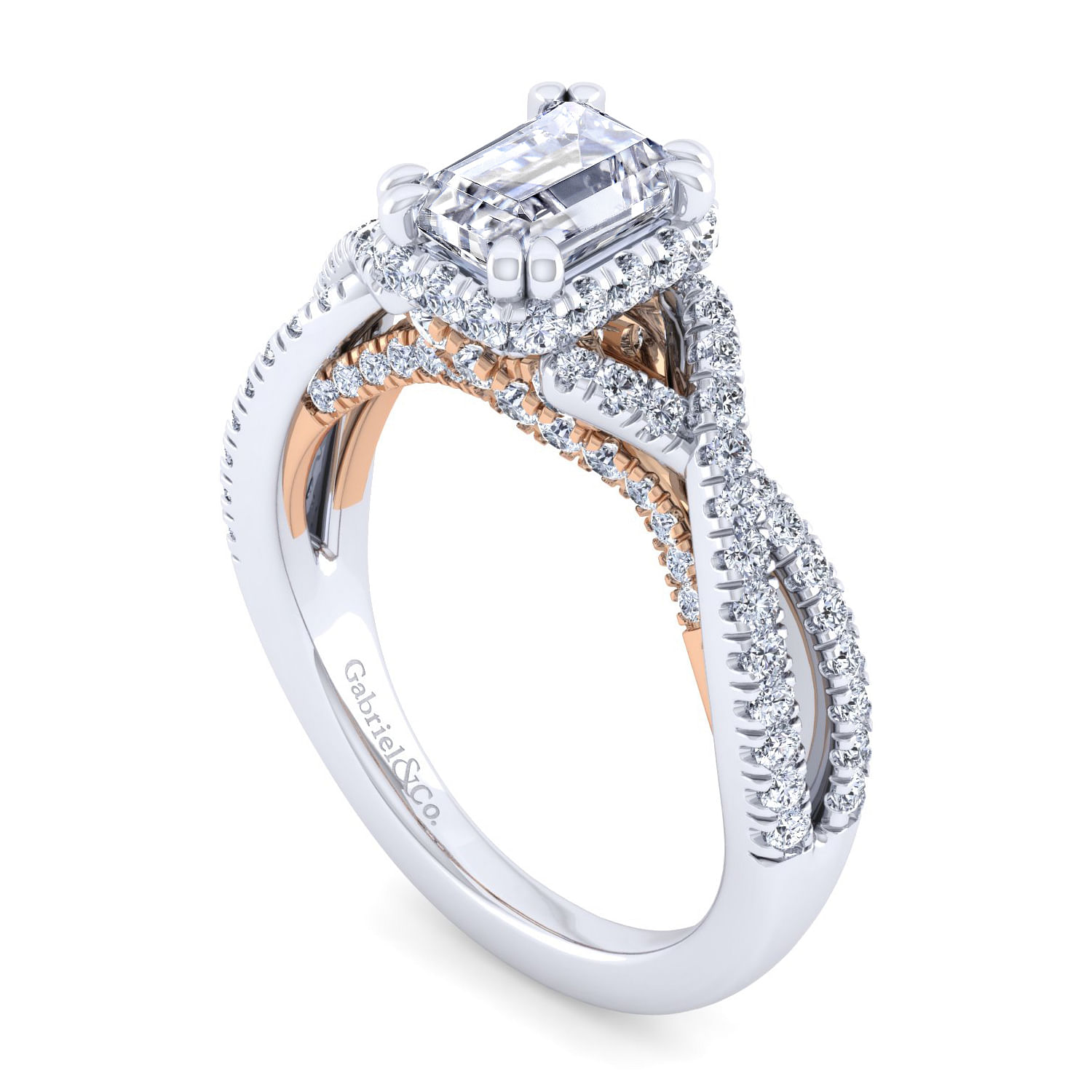 14K White-Rose Gold Twisted Emerald Cut Diamond Engagement Ring