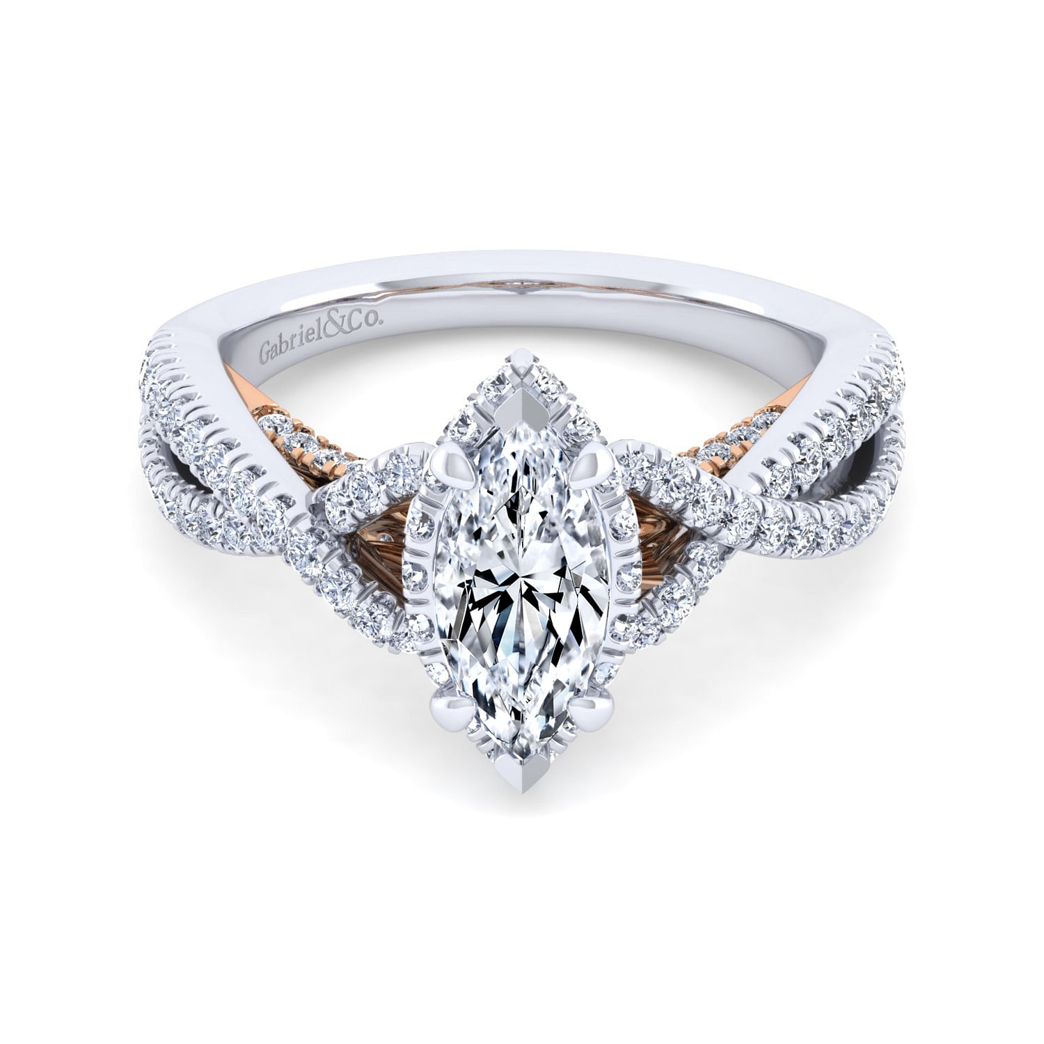 14K White-Rose Gold Twisted Marquise Shape Diamond Engagement Ring