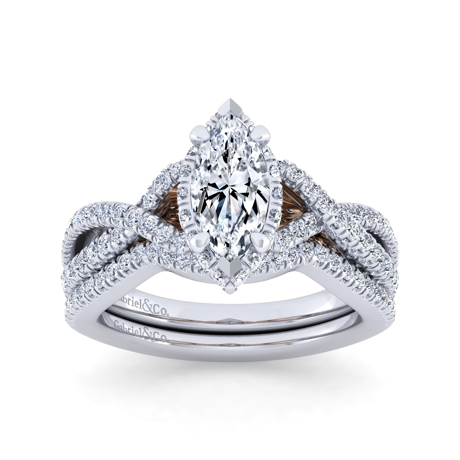 14K White-Rose Gold Twisted Marquise Shape Diamond Engagement Ring