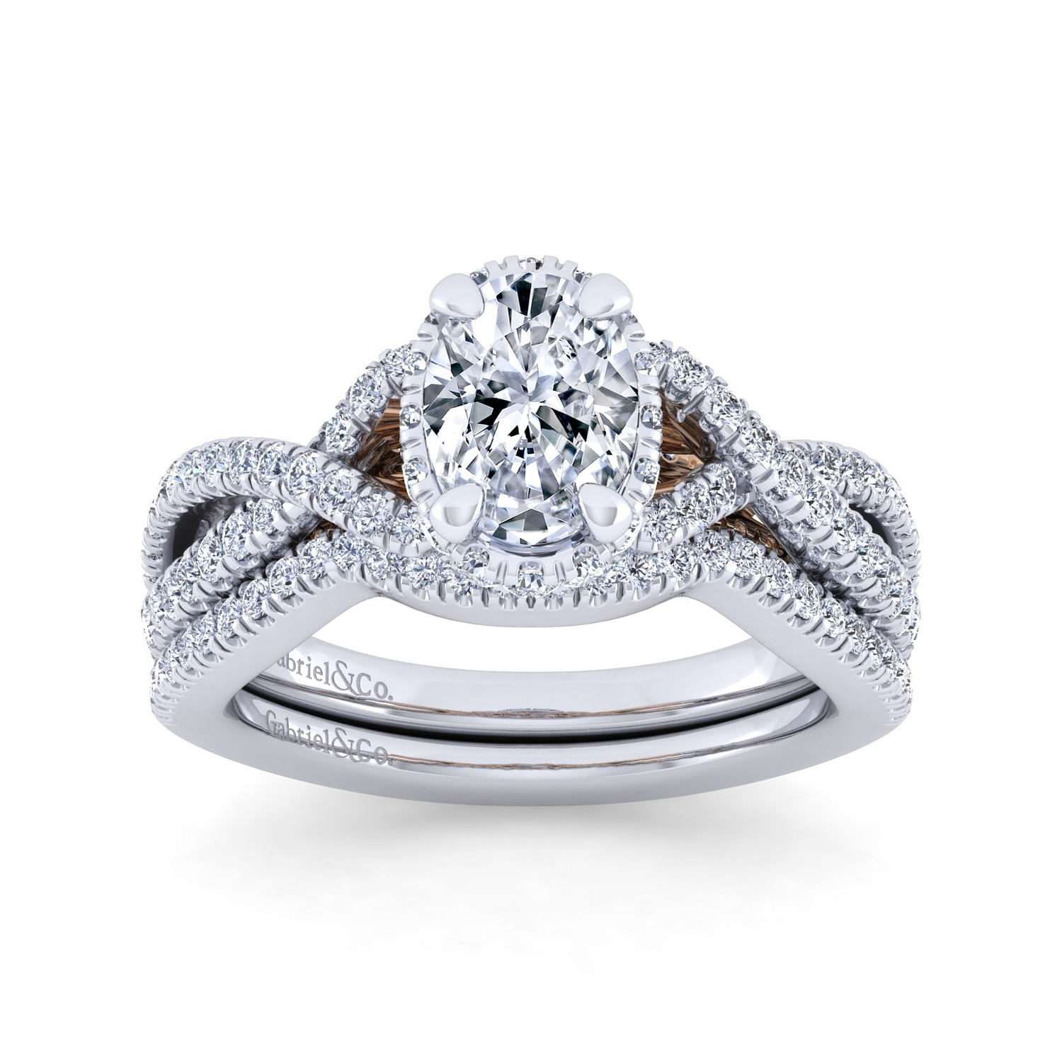 14K White-Rose Gold Twisted Oval Diamond Engagement Ring