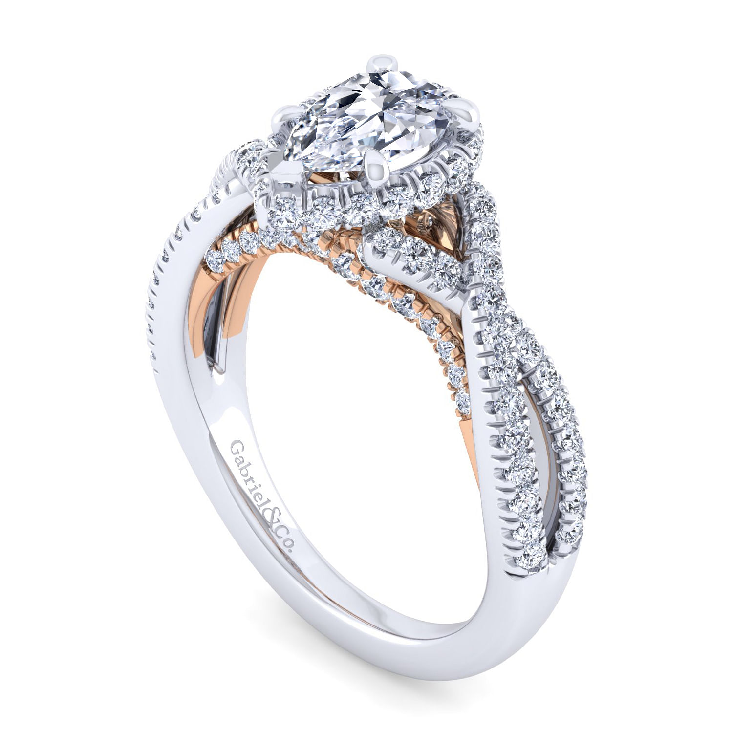 14K White-Rose Gold Twisted Pear Shape Diamond Engagement Ring