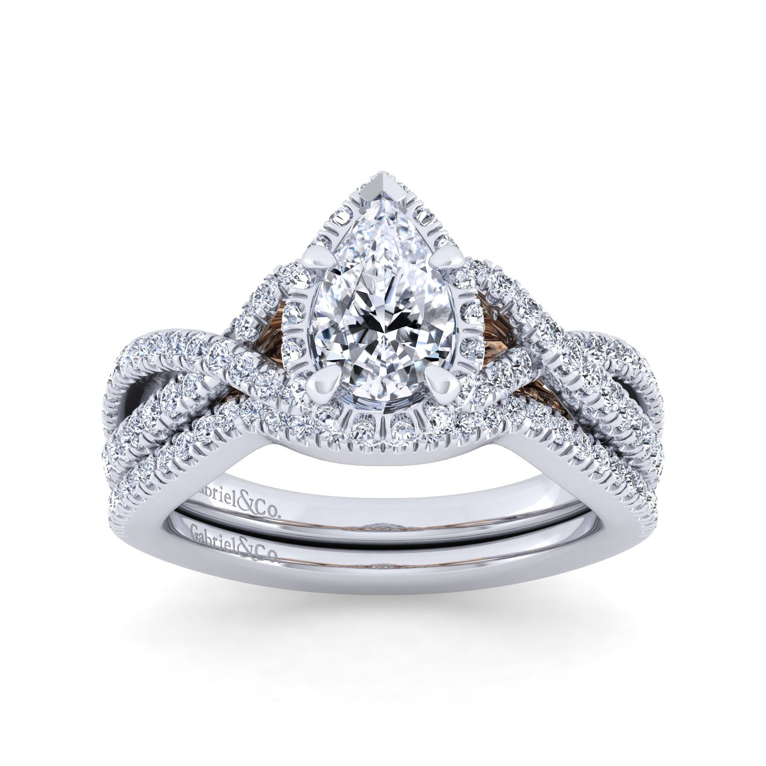 14K White-Rose Gold Twisted Pear Shape Diamond Engagement Ring