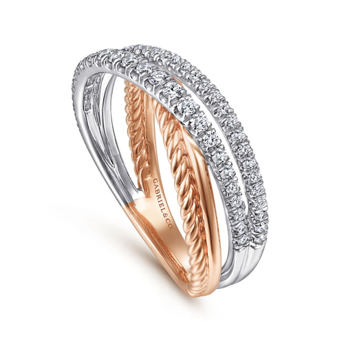 14K White-Rose Gold Twisted Rope and Diamond Criss Cross Ring