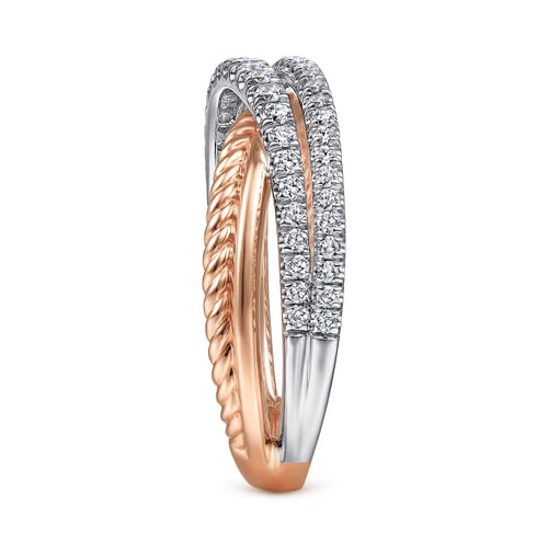 14K White-Rose Gold Twisted Rope and Diamond Criss Cross Ring