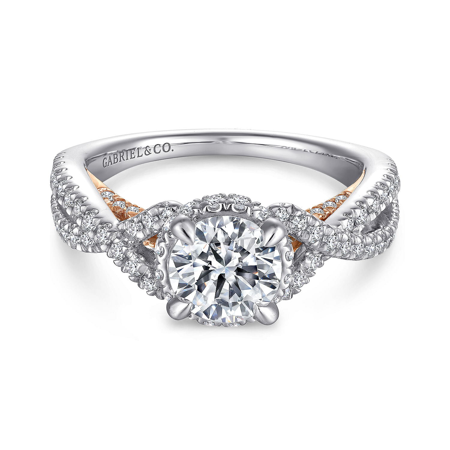 14K White-Rose Gold Twisted Round Diamond Engagement Ring