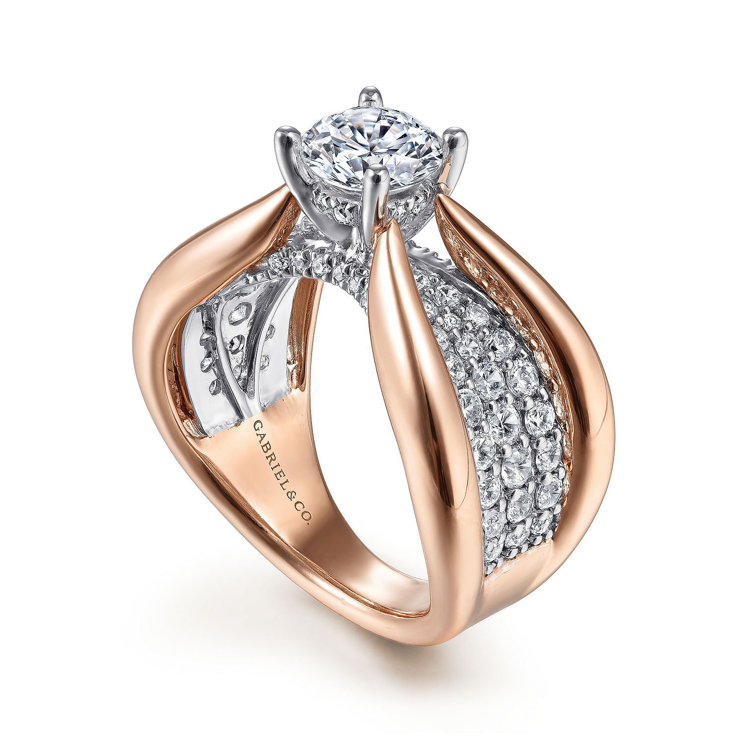 14K White-Rose Gold Wide Band Round Diamond Engagement Ring