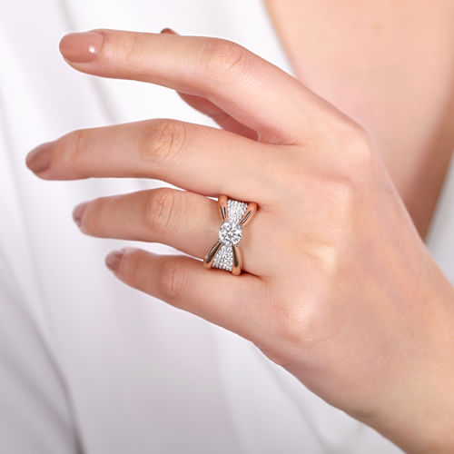 14K White-Rose Gold Wide Band Round Diamond Engagement Ring