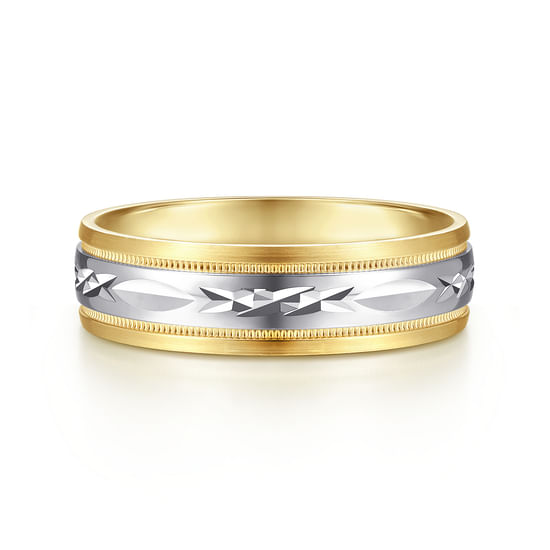 Gabriel - 14K White-Yellow 6mm - Engraved Men's Wedding Band in Satin Finish