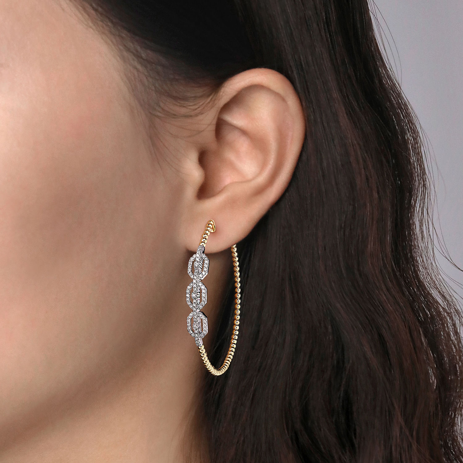 14K White-Yellow Gold 50mm Bujukan Diamond Hoop Earrings