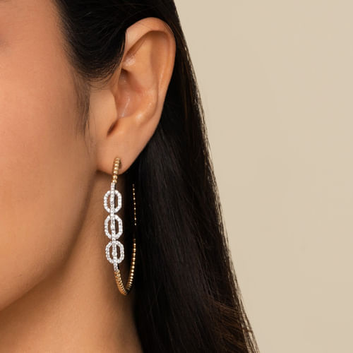 14K White-Yellow Gold 50mm Bujukan Diamond Hoop Earrings