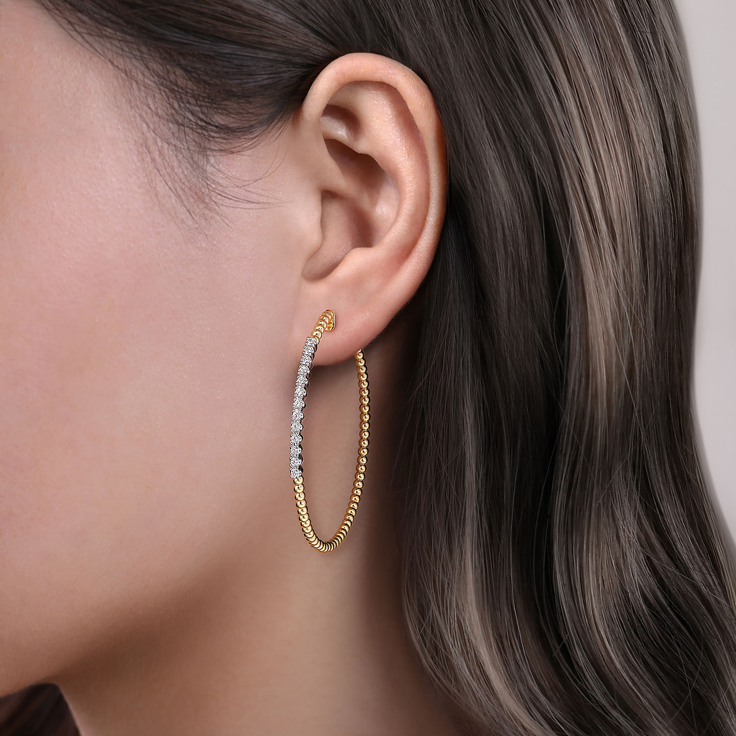 14K White-Yellow Gold 50mm Bujukan Diamond Hoop Earrings