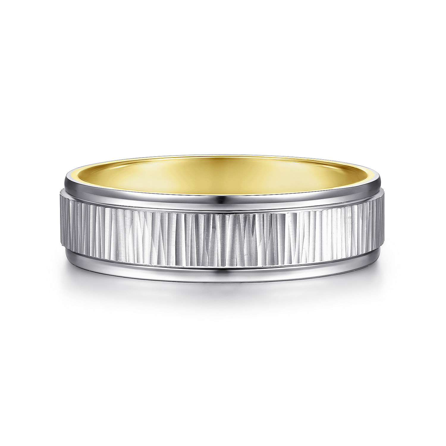 14K White-Yellow Gold 6mm - Men's Wedding Band with Vertical Etching