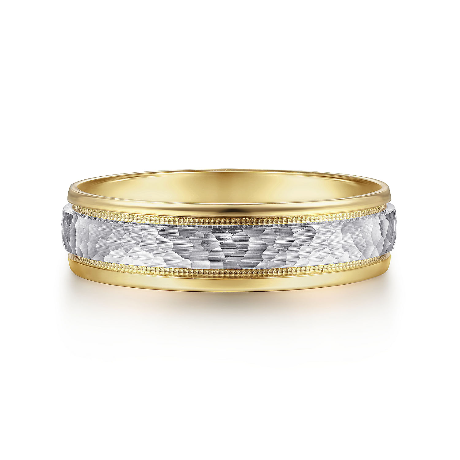 Gabriel - 14K White-Yellow Gold 6mm - Two Tone Hammered Men's Wedding Band with Milgrain Edge