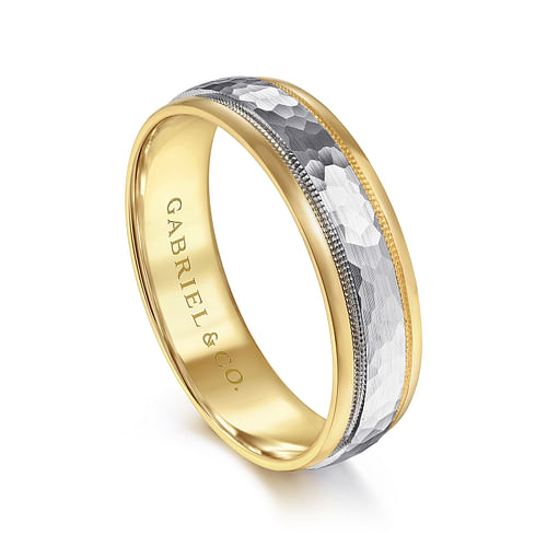 14K White-Yellow Gold 6mm - Two Tone Hammered Men's Wedding Band with Milgrain Edge