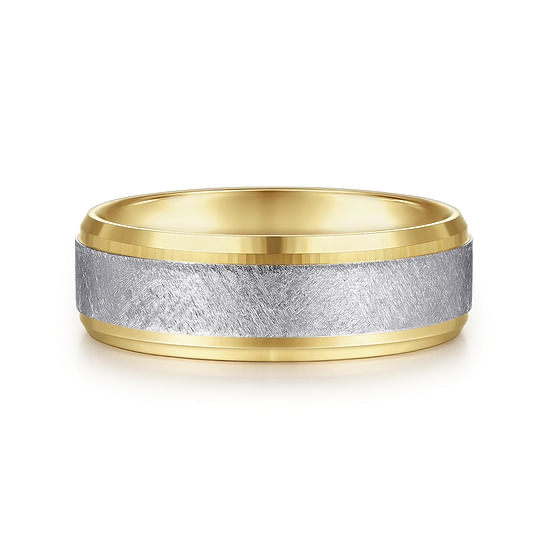 Gabriel - 14K White-Yellow Gold 7mm - Beveled Edge Men's Wedding Band in Diamond Scratch Finish