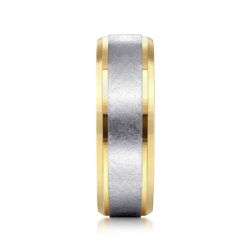 14K White-Yellow Gold 7mm - Beveled Edge Men's Wedding Band in Diamond Scratch Finish