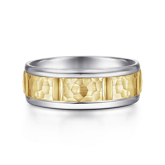 Gabriel - 14K White-Yellow Gold 7mm - Hammered Station Men's Wedding Band 