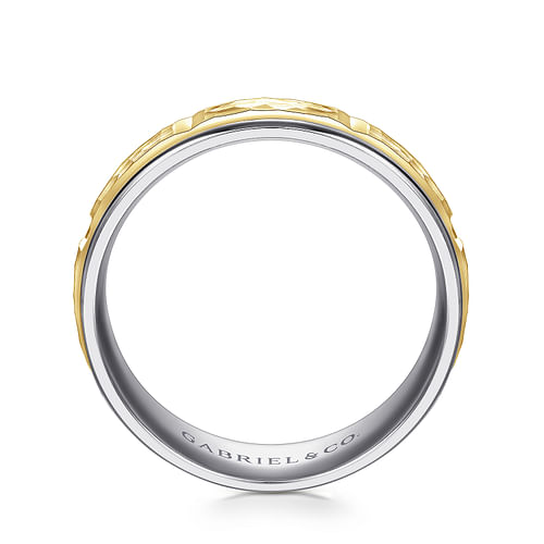 14K White-Yellow Gold 7mm - Hammered Station Men's Wedding Band 