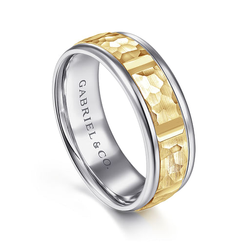 14K White-Yellow Gold 7mm - Hammered Station Men's Wedding Band 
