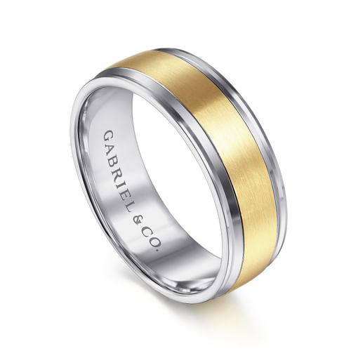 14K White-Yellow Gold 7mm - Men's Wedding Band in Satin Finish