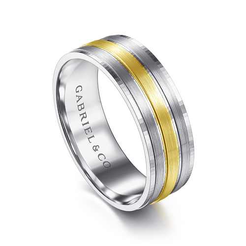 14K White-Yellow Gold 7mm - Three Row Satin Finish Men's Wedding Band in Two Tone