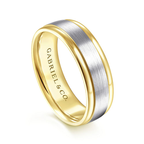 14K White-Yellow Gold 7mm - Two Tone Men's Wedding Band in Satin Finish