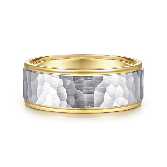 Gabriel - 14K White-Yellow Gold 8mm - Hammered Men's Wedding Band