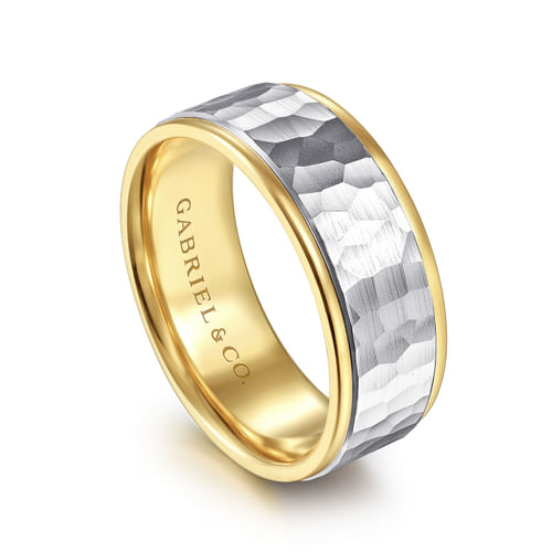 14K White-Yellow Gold 8mm - Hammered Men's Wedding Band