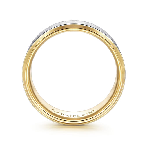 14K White-Yellow Gold 8mm - Two Tone Beveled Edge Men's Wedding Band in Satin Finish 14K White-Yellow Gold 8mm - Two Tone Beveled Edge Men's Wedding Band in Satin Finish