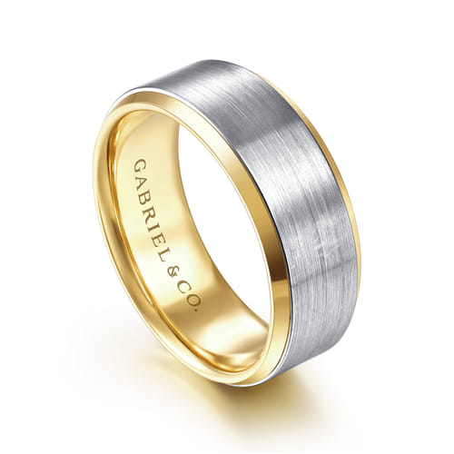 14K White-Yellow Gold 8mm - Two Tone Beveled Edge Men's Wedding Band in Satin Finish 14K White-Yellow Gold 8mm - Two Tone Beveled Edge Men's Wedding Band in Satin Finish