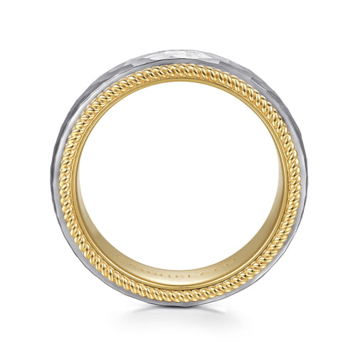 14K White-Yellow Gold 8mm - Two Tone Men's Wedding Band in Hammered Finish 14K White-Yellow Gold 8mm - Two Tone Men's Wedding Band in Hammered Finish
